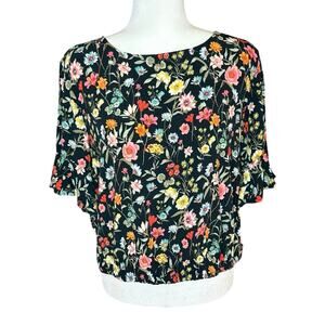 Loft Floral Blouse Women's M | Black | Boho Cottagecore | Short Sleeve | EUC